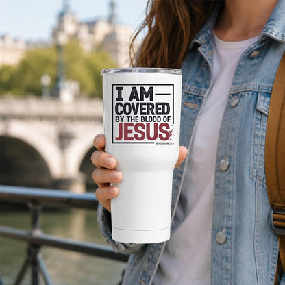 I Am Covered by the Blood of Jesus 20oz White Christian Tumbler | Scriptural Declaration of Faith for Believers Who Carry Spiritual Identity Into Everyday Life