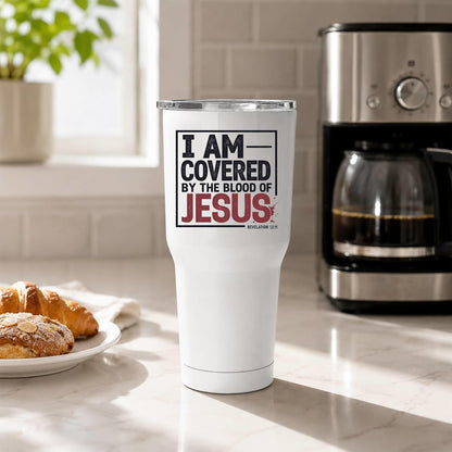 I Am Covered by the Blood of Jesus 20oz White Christian Tumbler | Scriptural Declaration of Faith for Believers Who Carry Spiritual Identity Into Everyday Life