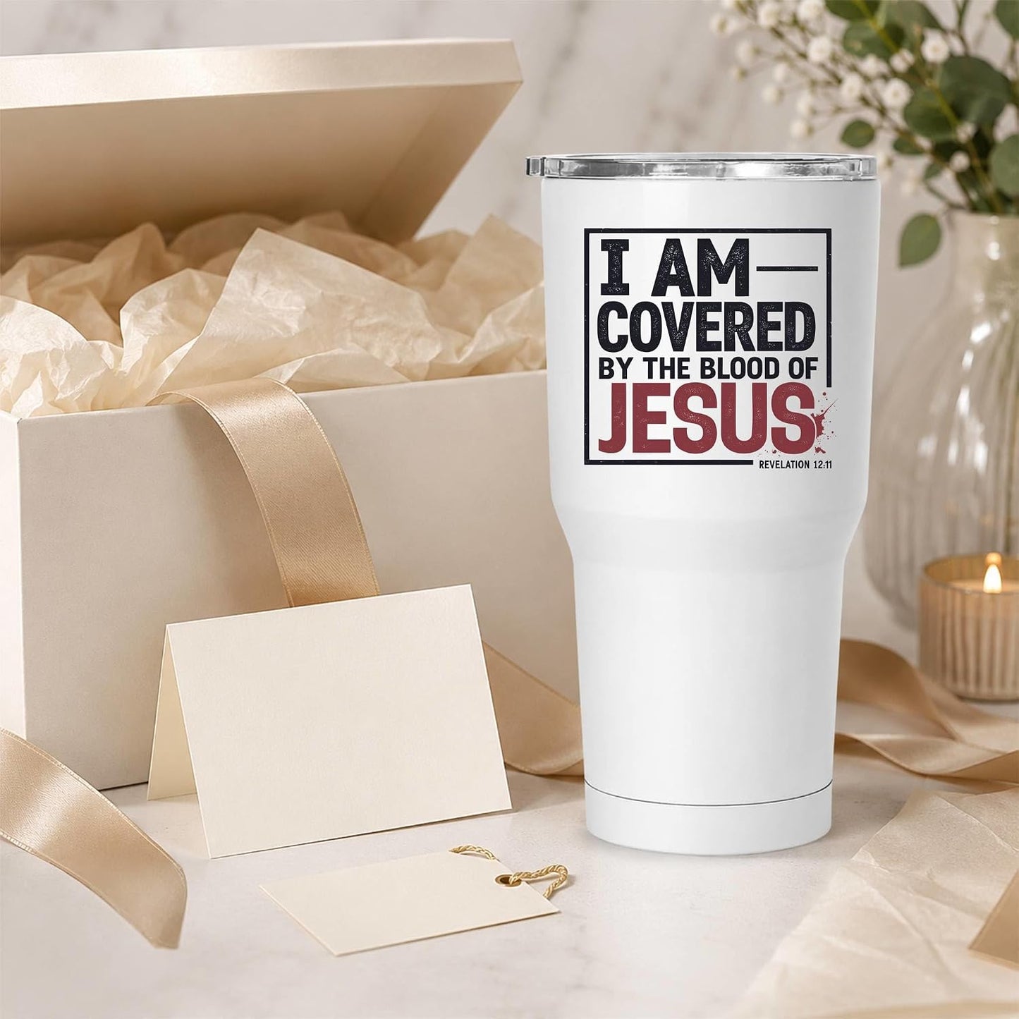 I Am Covered by the Blood of Jesus 20oz White Christian Tumbler | Scriptural Declaration of Faith for Believers Who Carry Spiritual Identity Into Everyday Life