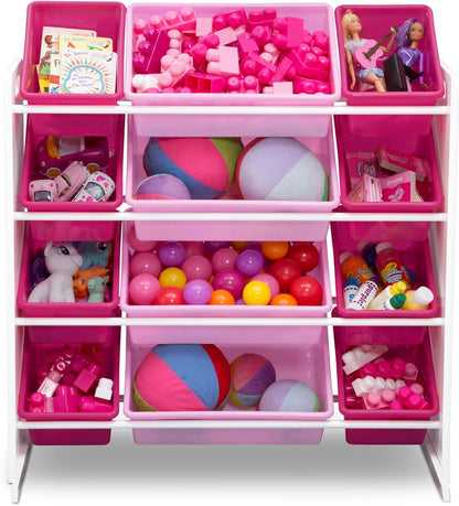 Kids Toy Storage Organizer with 12 Plastic Bins - Greenguard Gold Certified, White/Pink