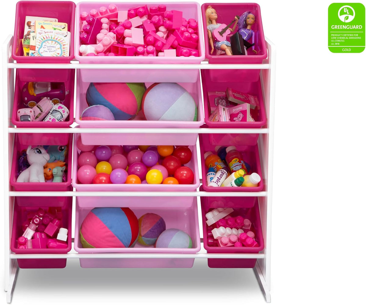 Kids Toy Storage Organizer with 12 Plastic Bins - Greenguard Gold Certified, White/Pink