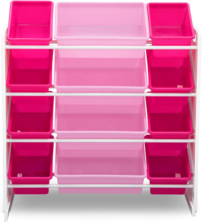 Kids Toy Storage Organizer with 12 Plastic Bins - Greenguard Gold Certified, White/Pink