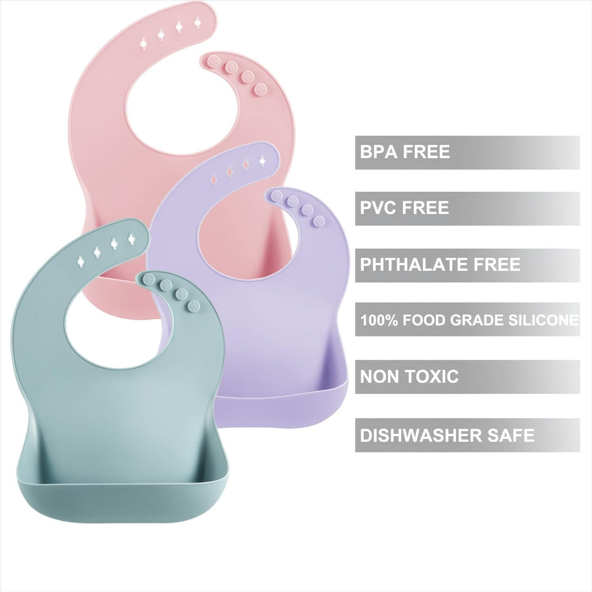Set of 3 Silicone Baby Bibs, Waterproof Soft Adjustable Bibs for Babies Toddlers 10-72 Months