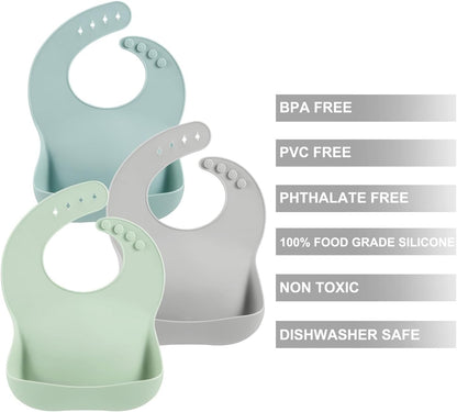 Set of 3 Silicone Baby Bibs, Waterproof Soft Adjustable Bibs for Babies Toddlers 10-72 Months