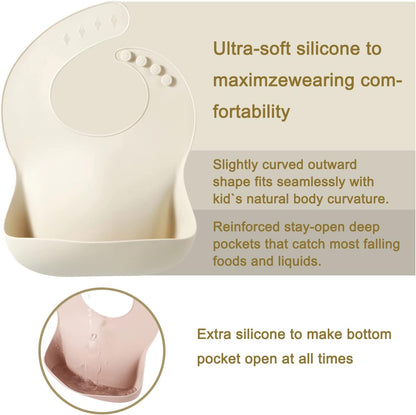 Set of 3 Silicone Baby Bibs, Waterproof Soft Adjustable Bibs for Babies Toddlers 10-72 Months