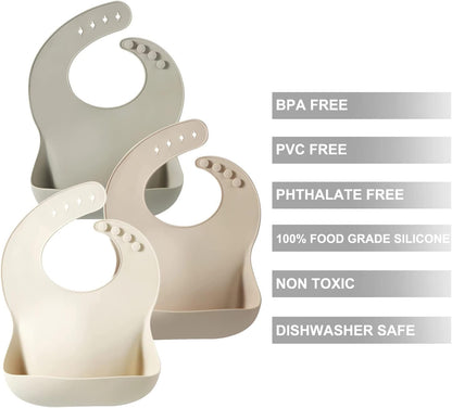 Set of 3 Silicone Baby Bibs, Waterproof Soft Adjustable Bibs for Babies Toddlers 10-72 Months