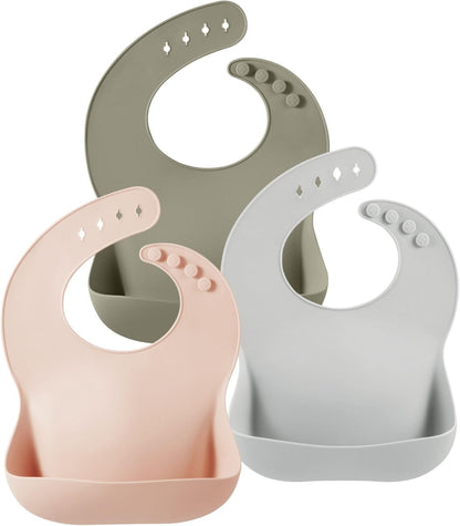 Set of 3 Silicone Baby Bibs, Waterproof Soft Adjustable Bibs for Babies Toddlers 10-72 Months