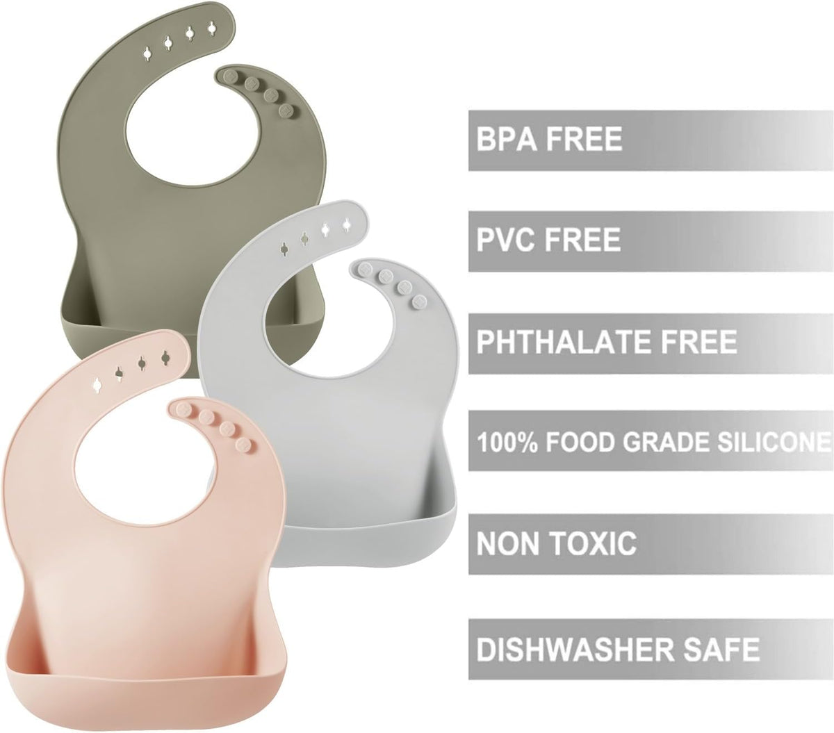Set of 3 Silicone Baby Bibs, Waterproof Soft Adjustable Bibs for Babies Toddlers 10-72 Months