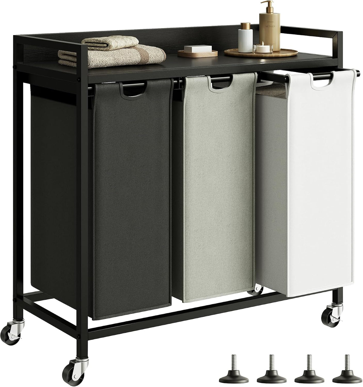 Laundry Hamper with Shelf, Laundry Basket 4 Section, Laundry Sorter with Pull-Out Removable Large Bags and Movable Wheels, Metal Frame, 4 x 15.87 Gallons (60L), Black and Gray PF07XLB