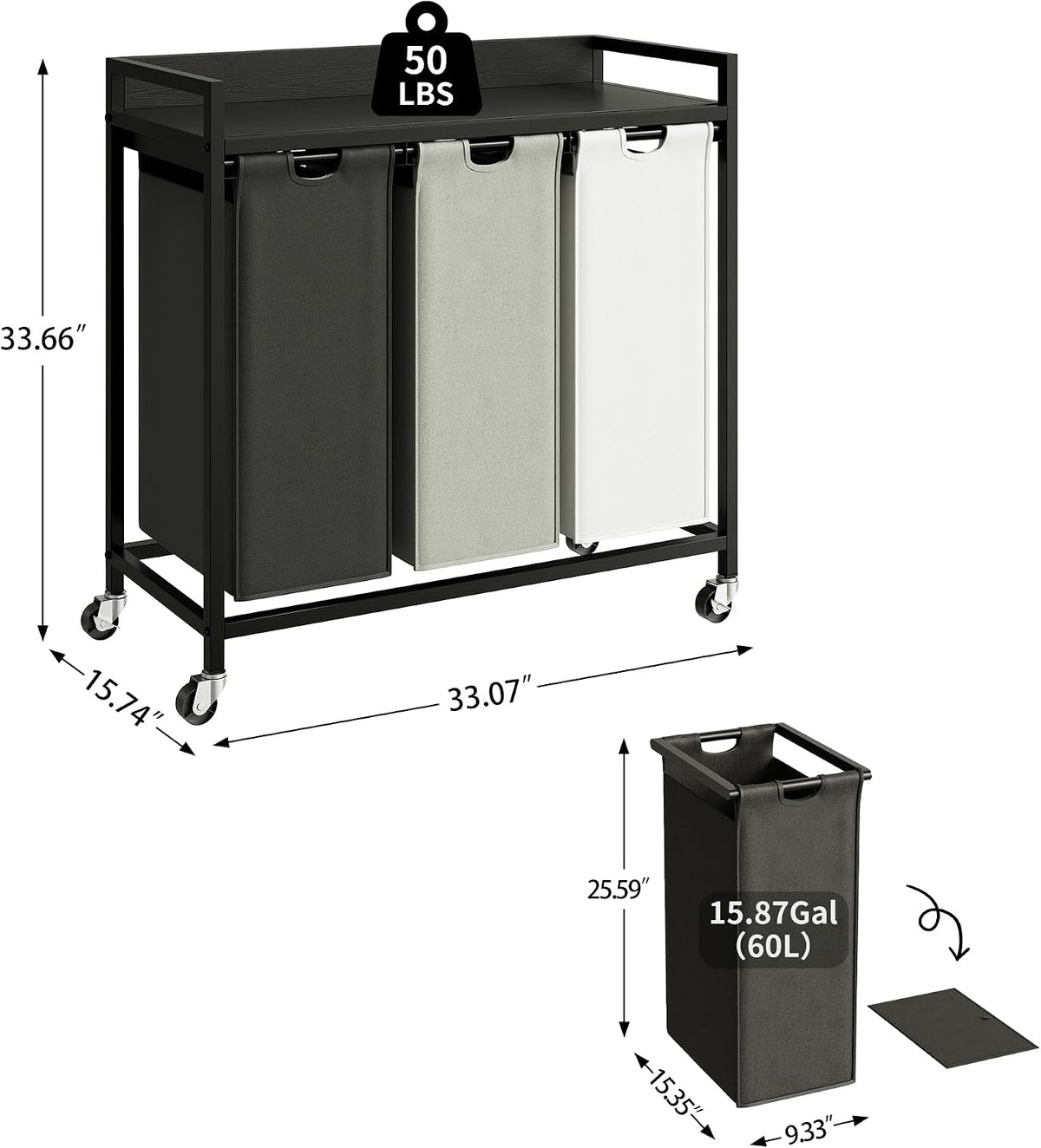 Laundry Hamper with Shelf, Laundry Basket 4 Section, Laundry Sorter with Pull-Out Removable Large Bags and Movable Wheels, Metal Frame, 4 x 15.87 Gallons (60L), Black and Gray PF07XLB