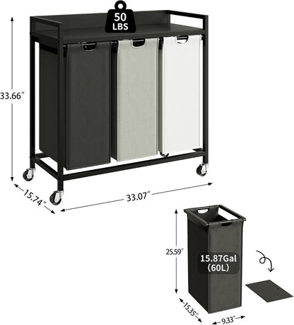 Laundry Hamper with Shelf, Laundry Basket 4 Section, Laundry Sorter with Pull-Out Removable Large Bags and Movable Wheels, Metal Frame, 4 x 15.87 Gallons (60L), Black and Gray PF07XLB