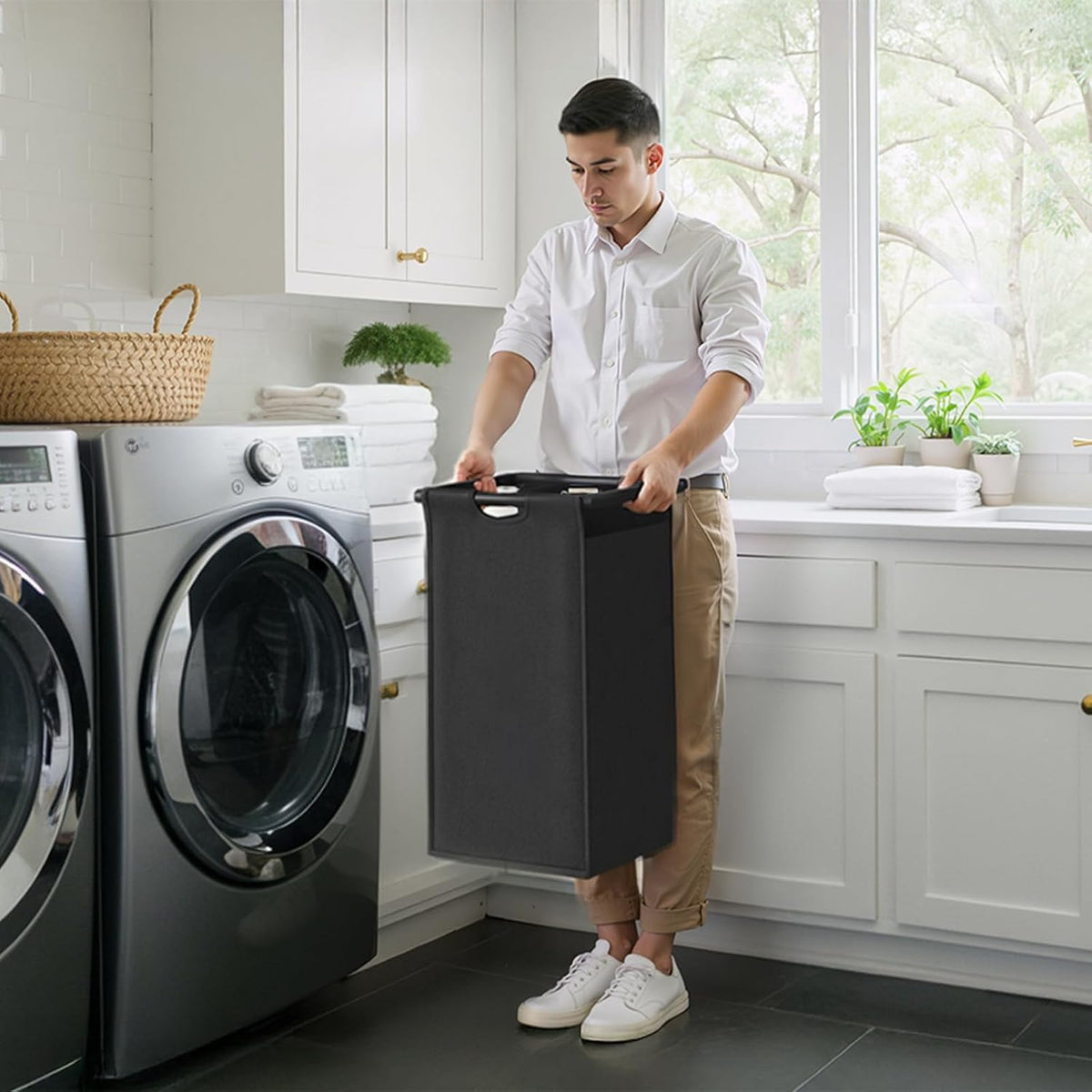 Laundry Hamper with Shelf, Laundry Basket 4 Section, Laundry Sorter with Pull-Out Removable Large Bags and Movable Wheels, Metal Frame, 4 x 15.87 Gallons (60L), Black and Gray PF07XLB