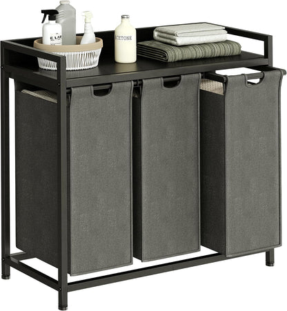 Laundry Hamper with Shelf, Laundry Basket 4 Section, Laundry Sorter with Pull-Out Removable Large Bags and Movable Wheels, Metal Frame, 4 x 15.87 Gallons (60L), Black and Gray PF07XLB