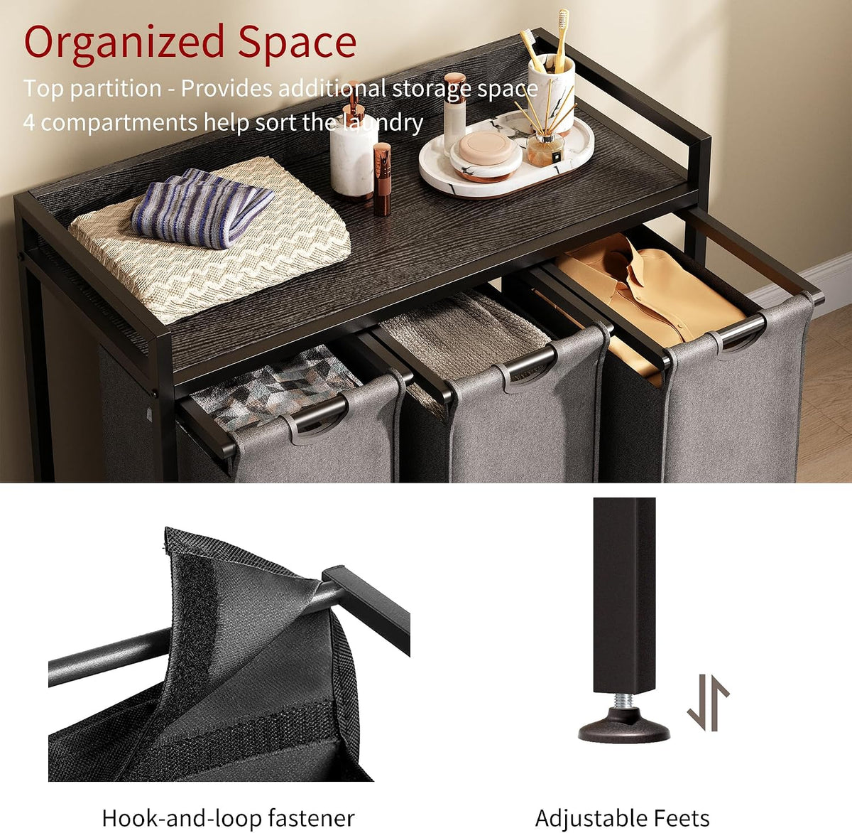 Laundry Hamper with Shelf, Laundry Basket 4 Section, Laundry Sorter with Pull-Out Removable Large Bags and Movable Wheels, Metal Frame, 4 x 15.87 Gallons (60L), Black and Gray PF07XLB