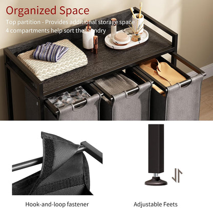 Laundry Hamper with Shelf, Laundry Basket 4 Section, Laundry Sorter with Pull-Out Removable Large Bags and Movable Wheels, Metal Frame, 4 x 15.87 Gallons (60L), Black and Gray PF07XLB