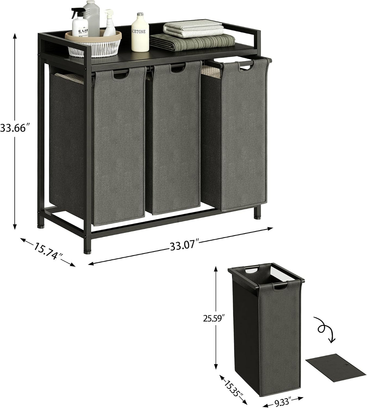 Laundry Hamper with Shelf, Laundry Basket 4 Section, Laundry Sorter with Pull-Out Removable Large Bags and Movable Wheels, Metal Frame, 4 x 15.87 Gallons (60L), Black and Gray PF07XLB