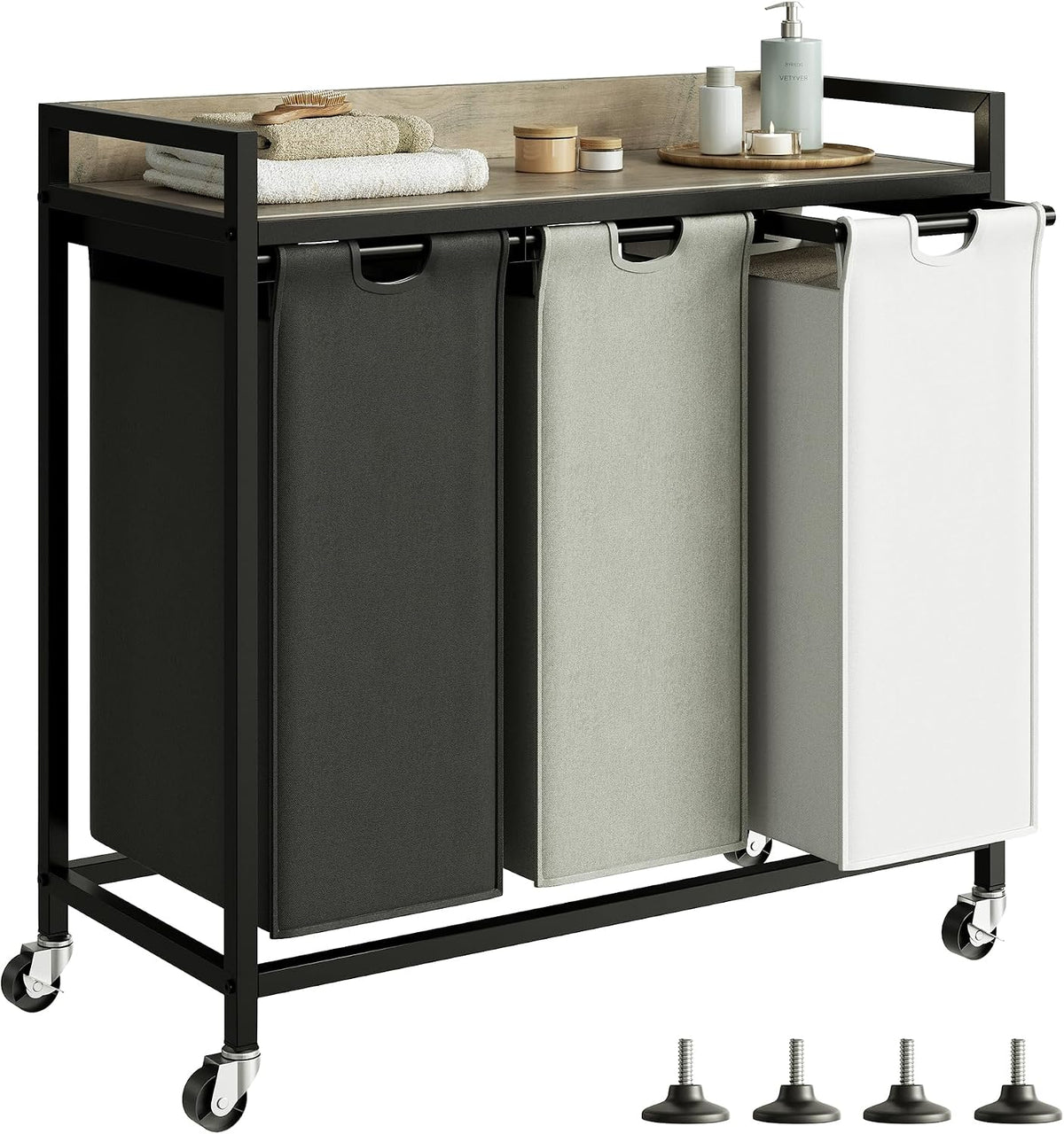 Laundry Hamper with Shelf, Laundry Basket 4 Section, Laundry Sorter with Pull-Out Removable Large Bags and Movable Wheels, Metal Frame, 4 x 15.87 Gallons (60L), Black and Gray PF07XLB