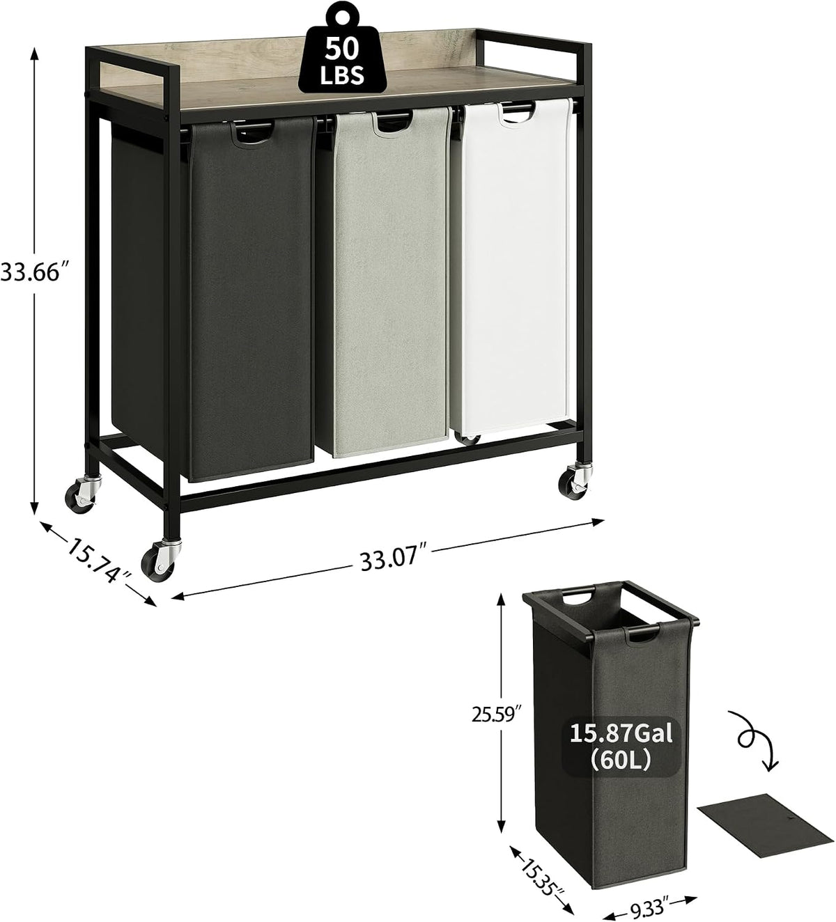 Laundry Hamper with Shelf, Laundry Basket 4 Section, Laundry Sorter with Pull-Out Removable Large Bags and Movable Wheels, Metal Frame, 4 x 15.87 Gallons (60L), Black and Gray PF07XLB