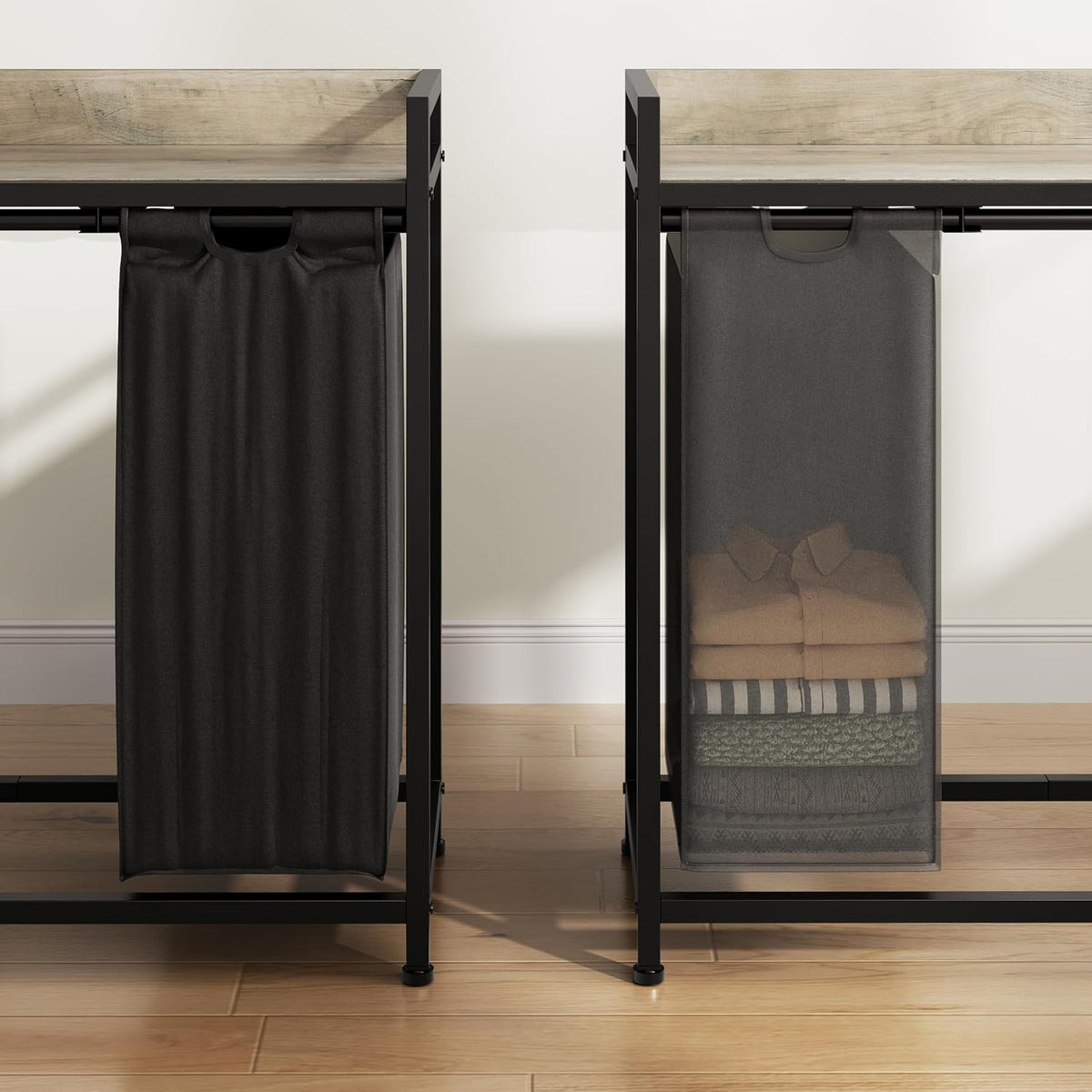 Laundry Hamper with Shelf, Laundry Basket 4 Section, Laundry Sorter with Pull-Out Removable Large Bags and Movable Wheels, Metal Frame, 4 x 15.87 Gallons (60L), Black and Gray PF07XLB