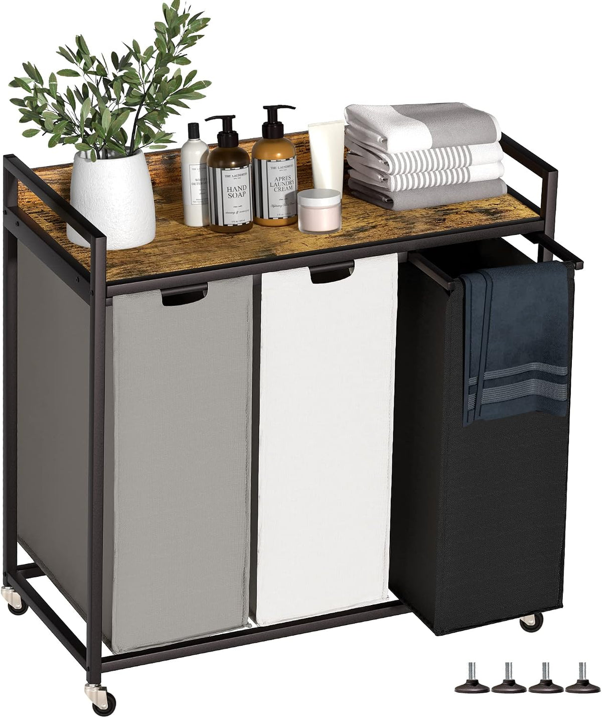 Laundry Hamper with Shelf, Laundry Basket 4 Section, Laundry Sorter with Pull-Out Removable Large Bags and Movable Wheels, Metal Frame, 4 x 15.87 Gallons (60L), Black and Gray PF07XLB