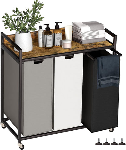 Laundry Hamper with Shelf, Laundry Basket 4 Section, Laundry Sorter with Pull-Out Removable Large Bags and Movable Wheels, Metal Frame, 4 x 15.87 Gallons (60L), Black and Gray PF07XLB