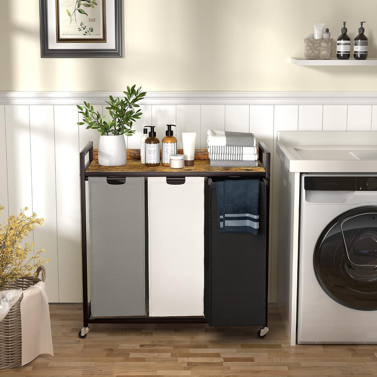 Laundry Hamper with Shelf, Laundry Basket 4 Section, Laundry Sorter with Pull-Out Removable Large Bags and Movable Wheels, Metal Frame, 4 x 15.87 Gallons (60L), Black and Gray PF07XLB