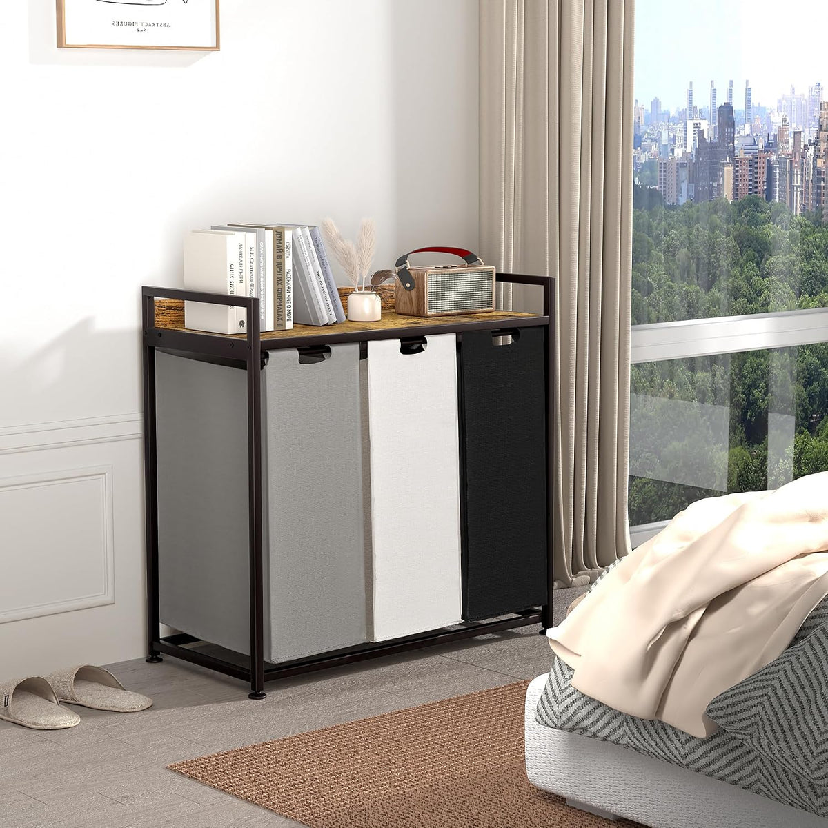 Laundry Hamper with Shelf, Laundry Basket 4 Section, Laundry Sorter with Pull-Out Removable Large Bags and Movable Wheels, Metal Frame, 4 x 15.87 Gallons (60L), Black and Gray PF07XLB