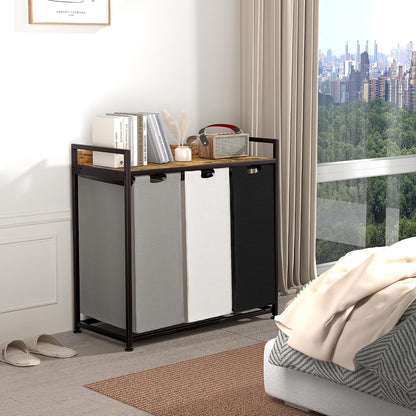 Laundry Hamper with Shelf, Laundry Basket 4 Section, Laundry Sorter with Pull-Out Removable Large Bags and Movable Wheels, Metal Frame, 4 x 15.87 Gallons (60L), Black and Gray PF07XLB