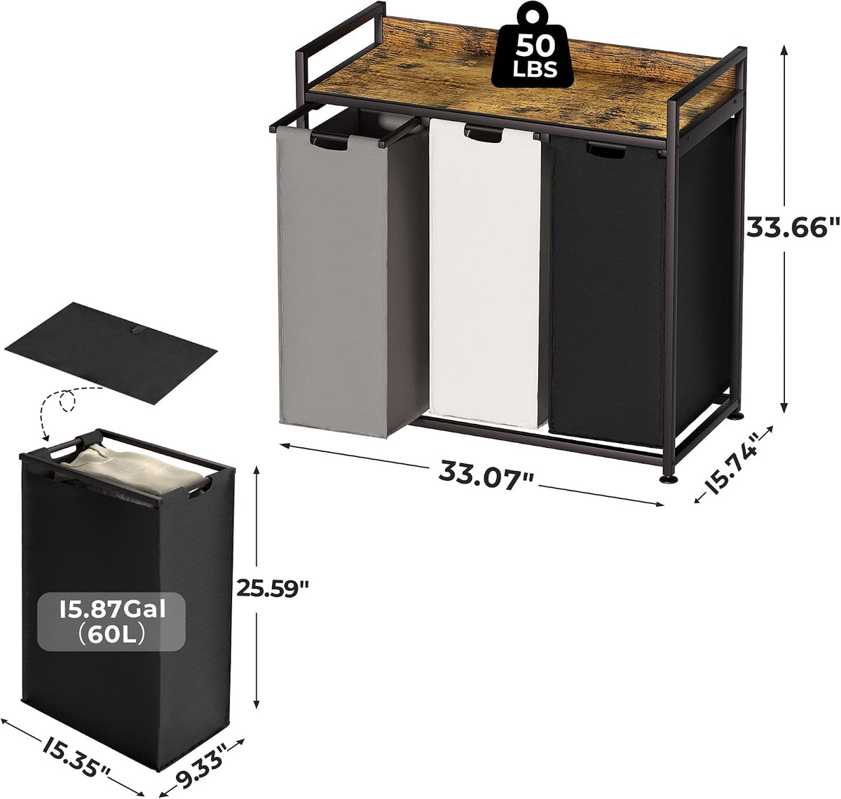 Laundry Hamper with Shelf, Laundry Basket 4 Section, Laundry Sorter with Pull-Out Removable Large Bags and Movable Wheels, Metal Frame, 4 x 15.87 Gallons (60L), Black and Gray PF07XLB