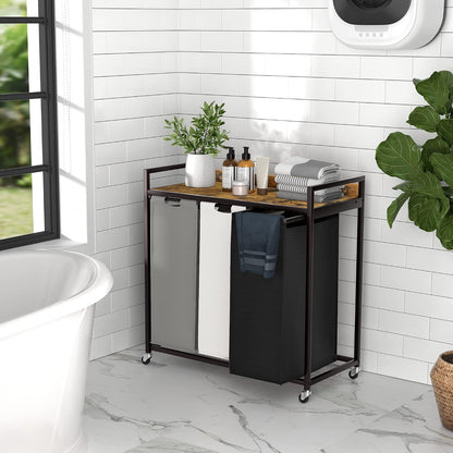 Laundry Hamper with Shelf, Laundry Basket 4 Section, Laundry Sorter with Pull-Out Removable Large Bags and Movable Wheels, Metal Frame, 4 x 15.87 Gallons (60L), Black and Gray PF07XLB
