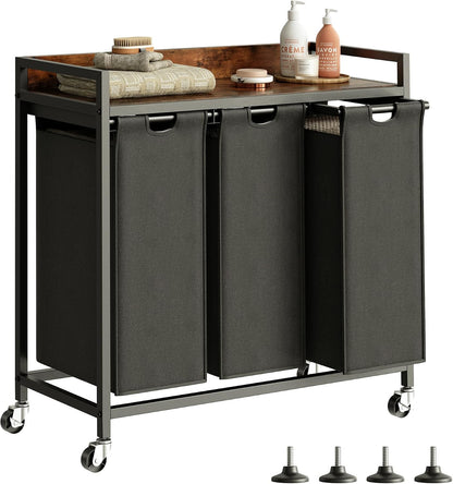 Laundry Hamper with Shelf, Laundry Basket 4 Section, Laundry Sorter with Pull-Out Removable Large Bags and Movable Wheels, Metal Frame, 4 x 15.87 Gallons (60L), Black and Gray PF07XLB