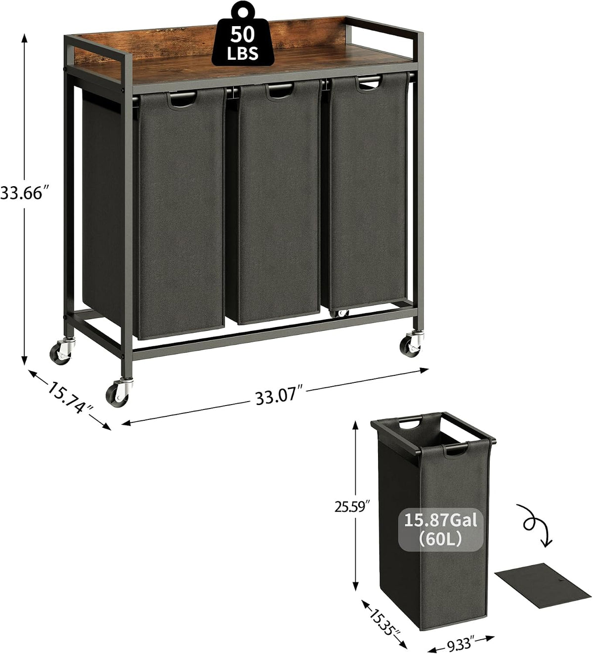 Laundry Hamper with Shelf, Laundry Basket 4 Section, Laundry Sorter with Pull-Out Removable Large Bags and Movable Wheels, Metal Frame, 4 x 15.87 Gallons (60L), Black and Gray PF07XLB