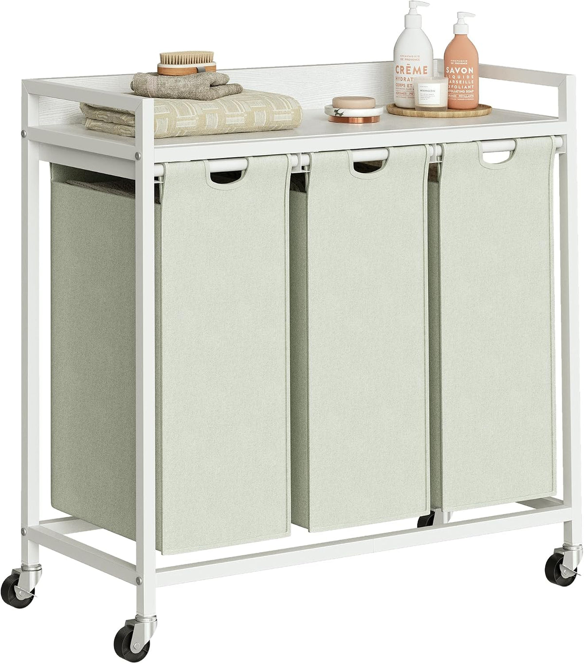 Laundry Hamper with Shelf, Laundry Basket 4 Section, Laundry Sorter with Pull-Out Removable Large Bags and Movable Wheels, Metal Frame, 4 x 15.87 Gallons (60L), Black and Gray PF07XLB