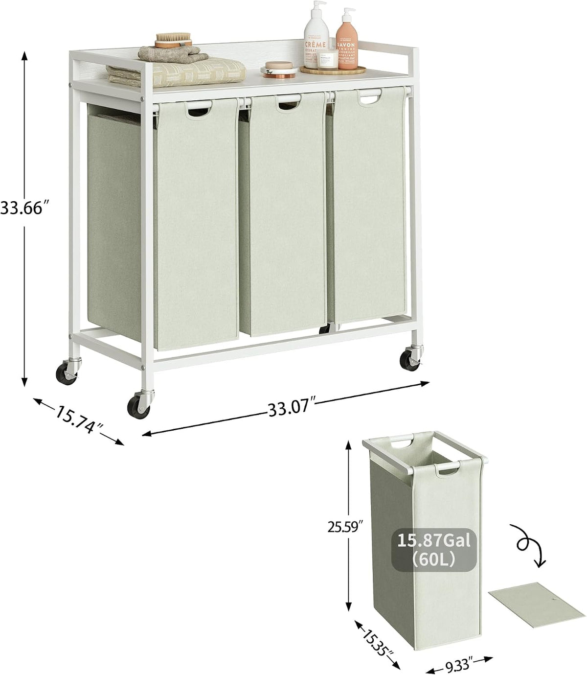 Laundry Hamper with Shelf, Laundry Basket 4 Section, Laundry Sorter with Pull-Out Removable Large Bags and Movable Wheels, Metal Frame, 4 x 15.87 Gallons (60L), Black and Gray PF07XLB