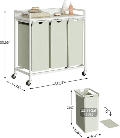 Laundry Hamper with Shelf, Laundry Basket 4 Section, Laundry Sorter with Pull-Out Removable Large Bags and Movable Wheels, Metal Frame, 4 x 15.87 Gallons (60L), Black and Gray PF07XLB