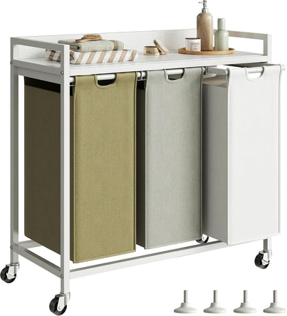 Laundry Hamper with Shelf, Laundry Basket 4 Section, Laundry Sorter with Pull-Out Removable Large Bags and Movable Wheels, Metal Frame, 4 x 15.87 Gallons (60L), Black and Gray PF07XLB