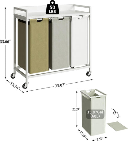 Laundry Hamper with Shelf, Laundry Basket 4 Section, Laundry Sorter with Pull-Out Removable Large Bags and Movable Wheels, Metal Frame, 4 x 15.87 Gallons (60L), Black and Gray PF07XLB