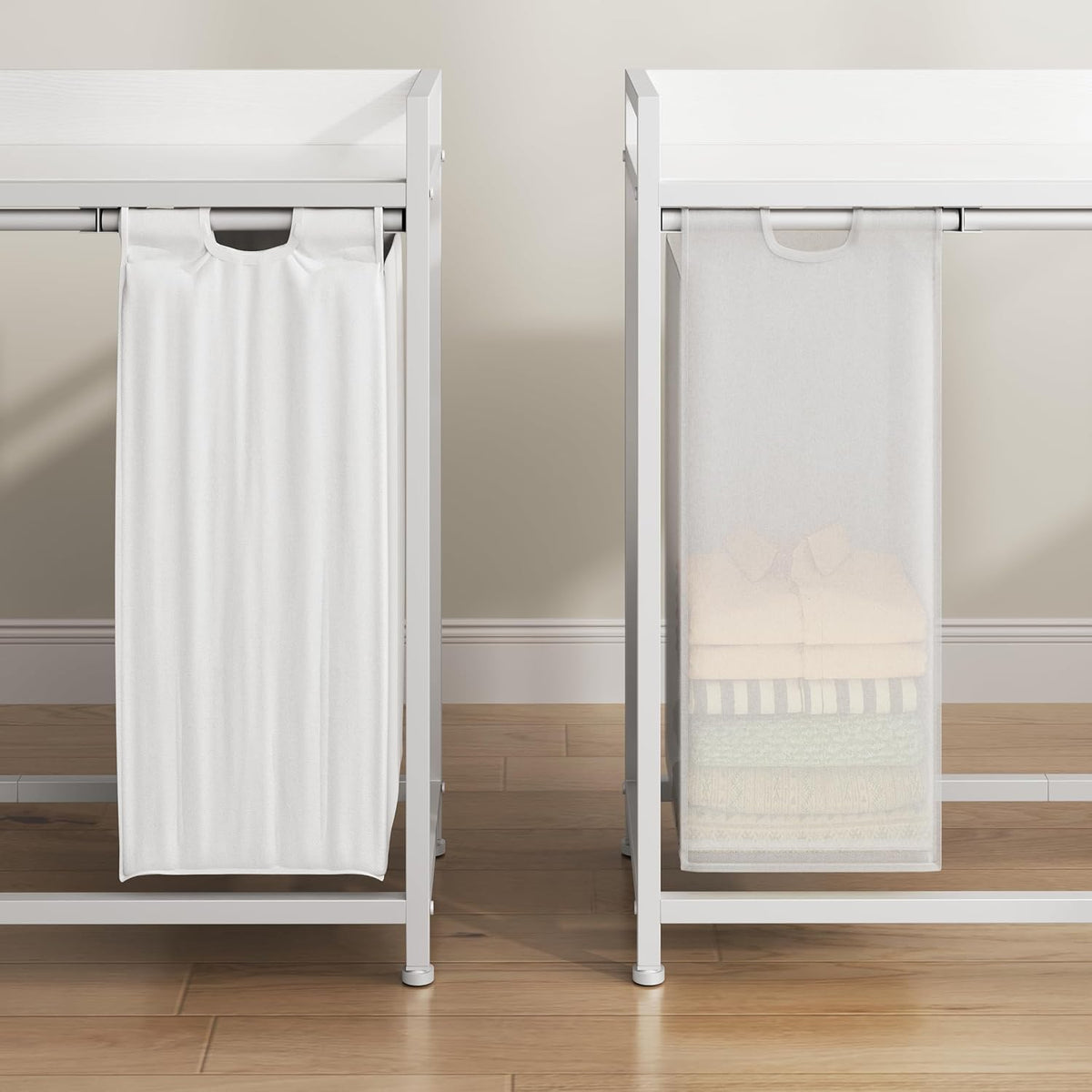 Laundry Hamper with Shelf, Laundry Basket 4 Section, Laundry Sorter with Pull-Out Removable Large Bags and Movable Wheels, Metal Frame, 4 x 15.87 Gallons (60L), Black and Gray PF07XLB