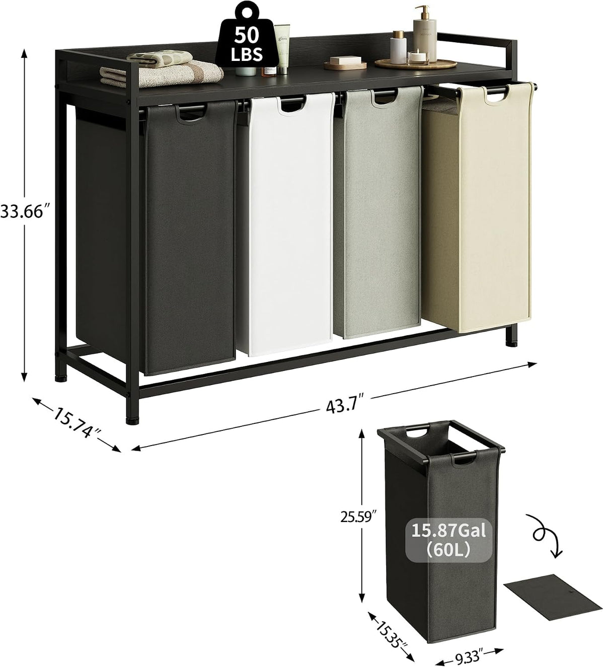 Laundry Hamper with Shelf, Laundry Basket 4 Section, Laundry Sorter with Pull-Out Removable Large Bags and Movable Wheels, Metal Frame, 4 x 15.87 Gallons (60L), Black and Gray PF07XLB