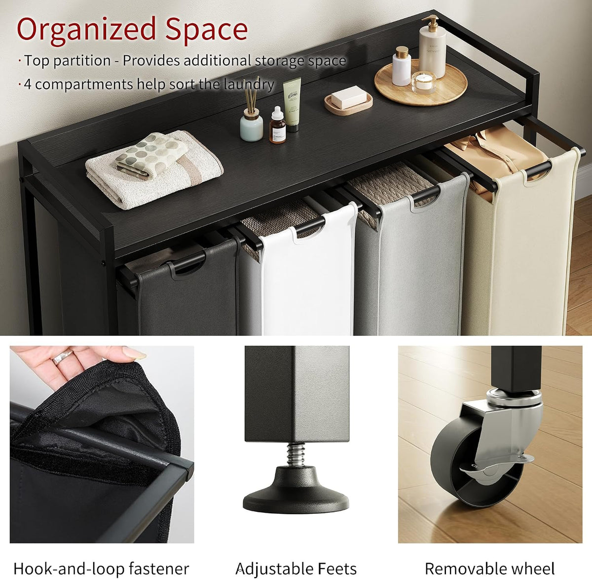 Laundry Hamper with Shelf, Laundry Basket 4 Section, Laundry Sorter with Pull-Out Removable Large Bags and Movable Wheels, Metal Frame, 4 x 15.87 Gallons (60L), Black and Gray PF07XLB