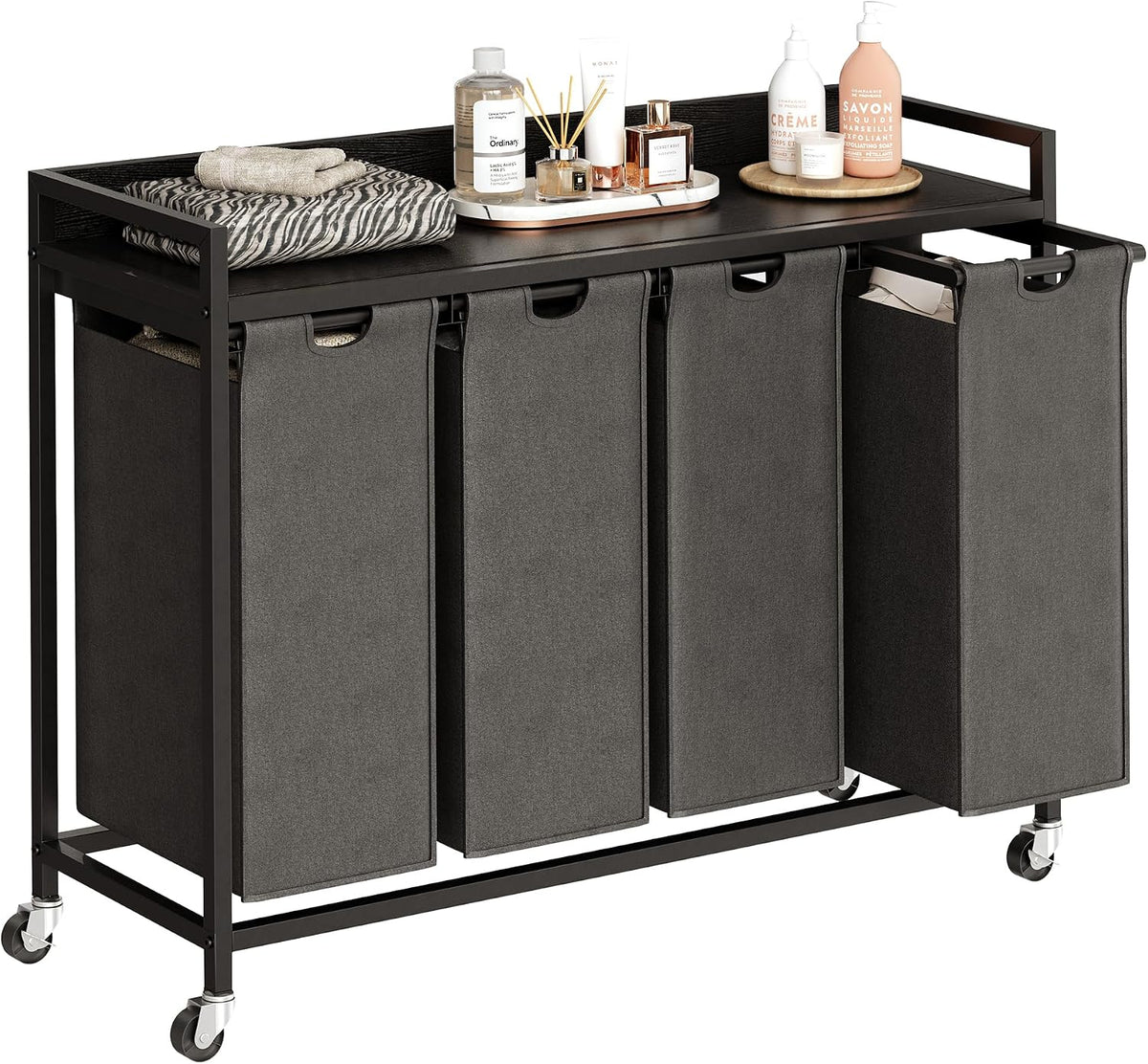 Laundry Hamper with Shelf, Laundry Basket 4 Section, Laundry Sorter with Pull-Out Removable Large Bags and Movable Wheels, Metal Frame, 4 x 15.87 Gallons (60L), Black and Gray PF07XLB