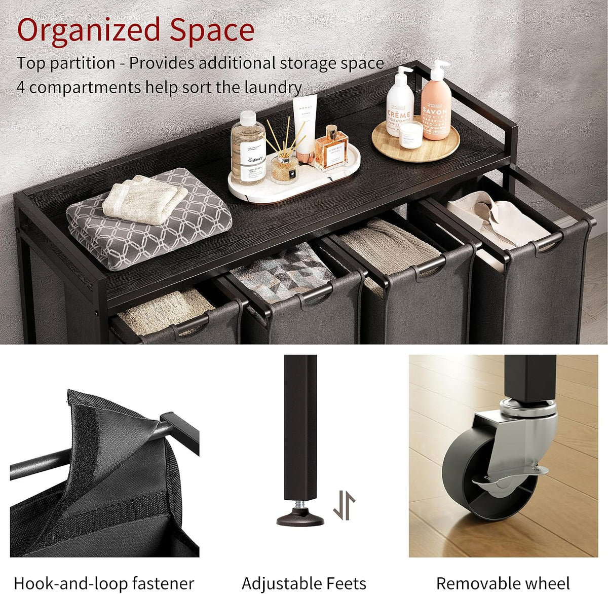 Laundry Hamper with Shelf, Laundry Basket 4 Section, Laundry Sorter with Pull-Out Removable Large Bags and Movable Wheels, Metal Frame, 4 x 15.87 Gallons (60L), Black and Gray PF07XLB