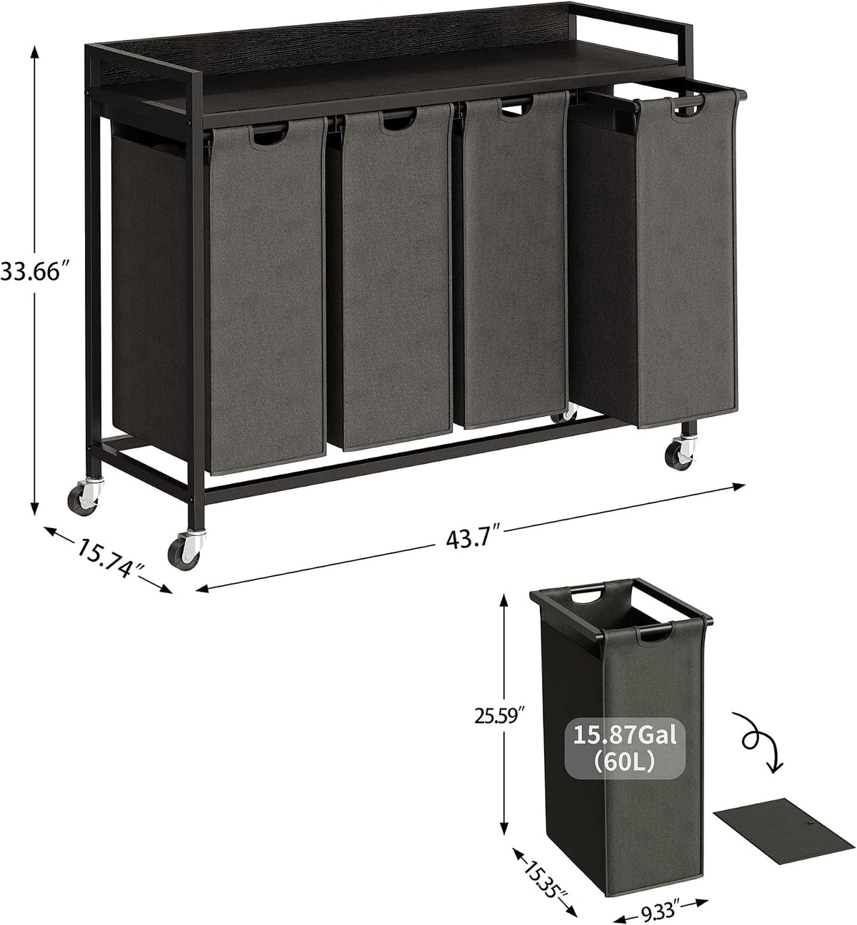 Laundry Hamper with Shelf, Laundry Basket 4 Section, Laundry Sorter with Pull-Out Removable Large Bags and Movable Wheels, Metal Frame, 4 x 15.87 Gallons (60L), Black and Gray PF07XLB
