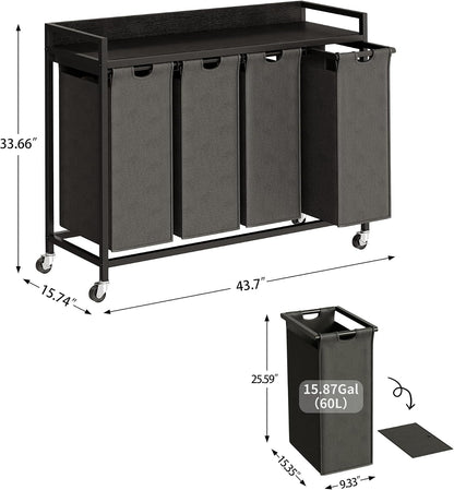 Laundry Hamper with Shelf, Laundry Basket 4 Section, Laundry Sorter with Pull-Out Removable Large Bags and Movable Wheels, Metal Frame, 4 x 15.87 Gallons (60L), Black and Gray PF07XLB