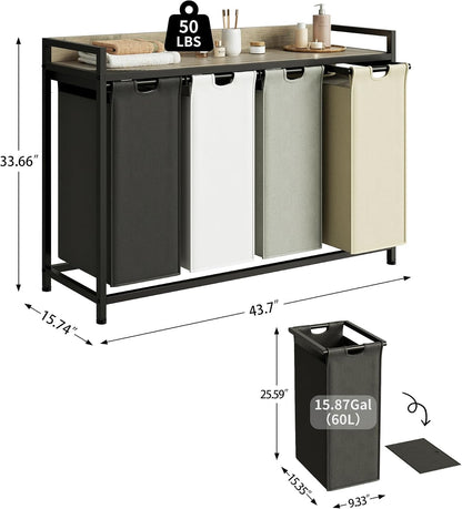 Laundry Hamper with Shelf, Laundry Basket 4 Section, Laundry Sorter with Pull-Out Removable Large Bags and Movable Wheels, Metal Frame, 4 x 15.87 Gallons (60L), Black and Gray PF07XLB