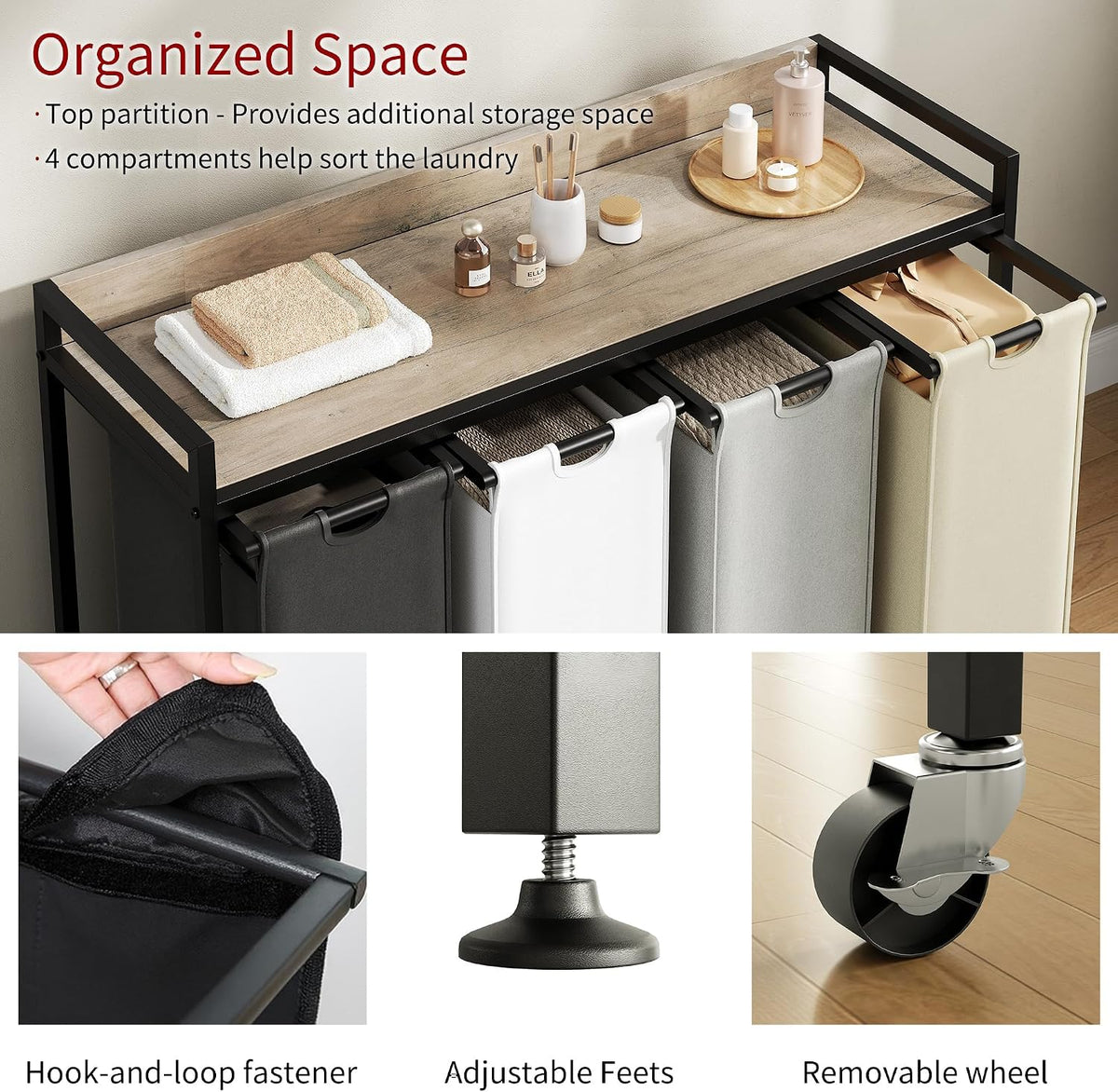 Laundry Hamper with Shelf, Laundry Basket 4 Section, Laundry Sorter with Pull-Out Removable Large Bags and Movable Wheels, Metal Frame, 4 x 15.87 Gallons (60L), Black and Gray PF07XLB