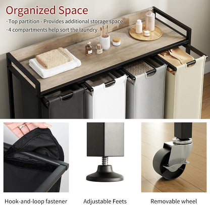 Laundry Hamper with Shelf, Laundry Basket 4 Section, Laundry Sorter with Pull-Out Removable Large Bags and Movable Wheels, Metal Frame, 4 x 15.87 Gallons (60L), Black and Gray PF07XLB