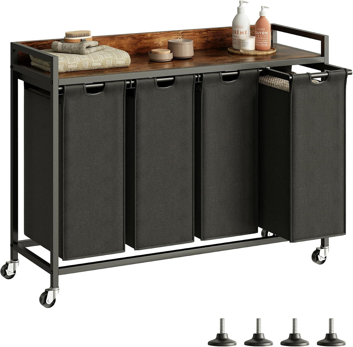 Laundry Hamper with Shelf, Laundry Basket 4 Section, Laundry Sorter with Pull-Out Removable Large Bags and Movable Wheels, Metal Frame, 4 x 15.87 Gallons (60L), Black and Gray PF07XLB
