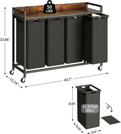 Laundry Hamper with Shelf, Laundry Basket 4 Section, Laundry Sorter with Pull-Out Removable Large Bags and Movable Wheels, Metal Frame, 4 x 15.87 Gallons (60L), Black and Gray PF07XLB