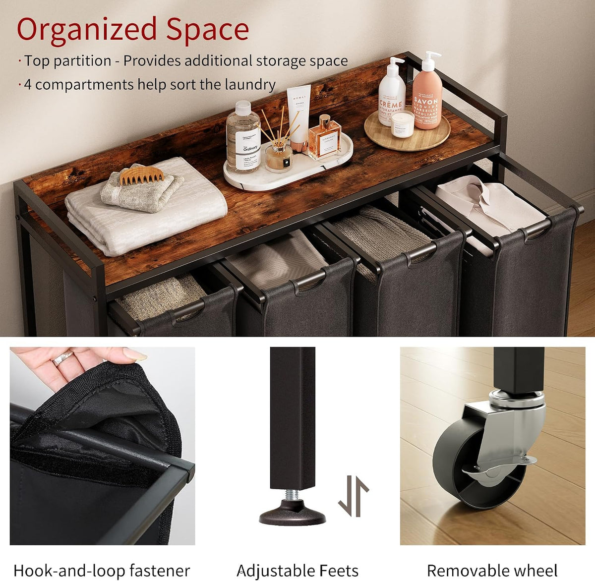 Laundry Hamper with Shelf, Laundry Basket 4 Section, Laundry Sorter with Pull-Out Removable Large Bags and Movable Wheels, Metal Frame, 4 x 15.87 Gallons (60L), Black and Gray PF07XLB